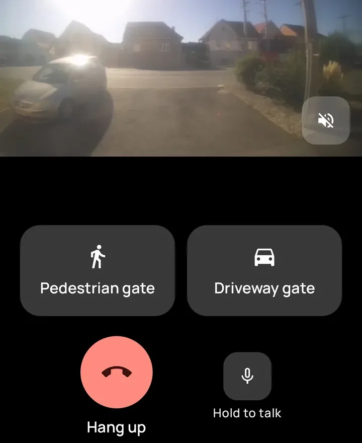 Apel preluat: imaginea de la cameră, câte un buton pentru fiecare poartă, închide și ține apăsat ca să vorbești.